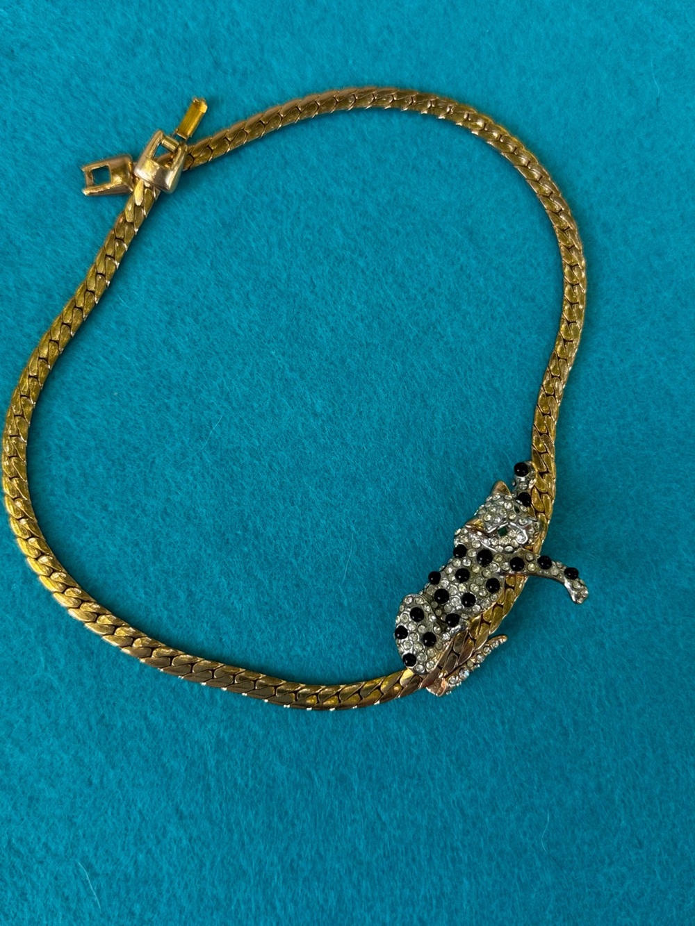 Gold Tone Leopard Necklace with Black and Clear Crystal Accents